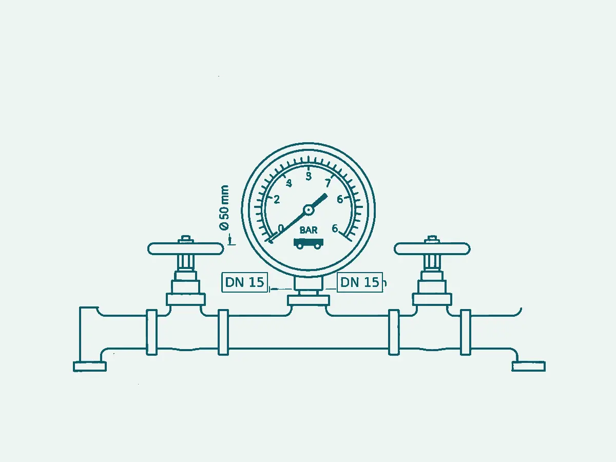 Technische Zeichnung: Manometer mit Absperrventilen DN 15