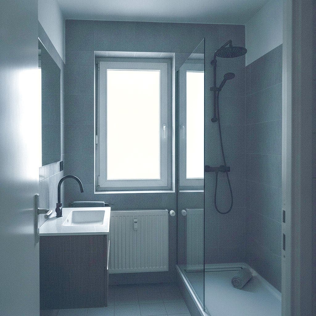 Dasselbe Bad nach der Sanierung mit bodengleicher Dusche und Großformatfliesen