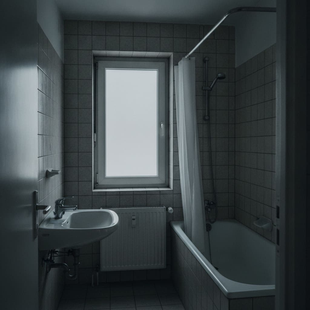 Kleines Bad aus den 1990ern mit Wanne und Duschvorhang