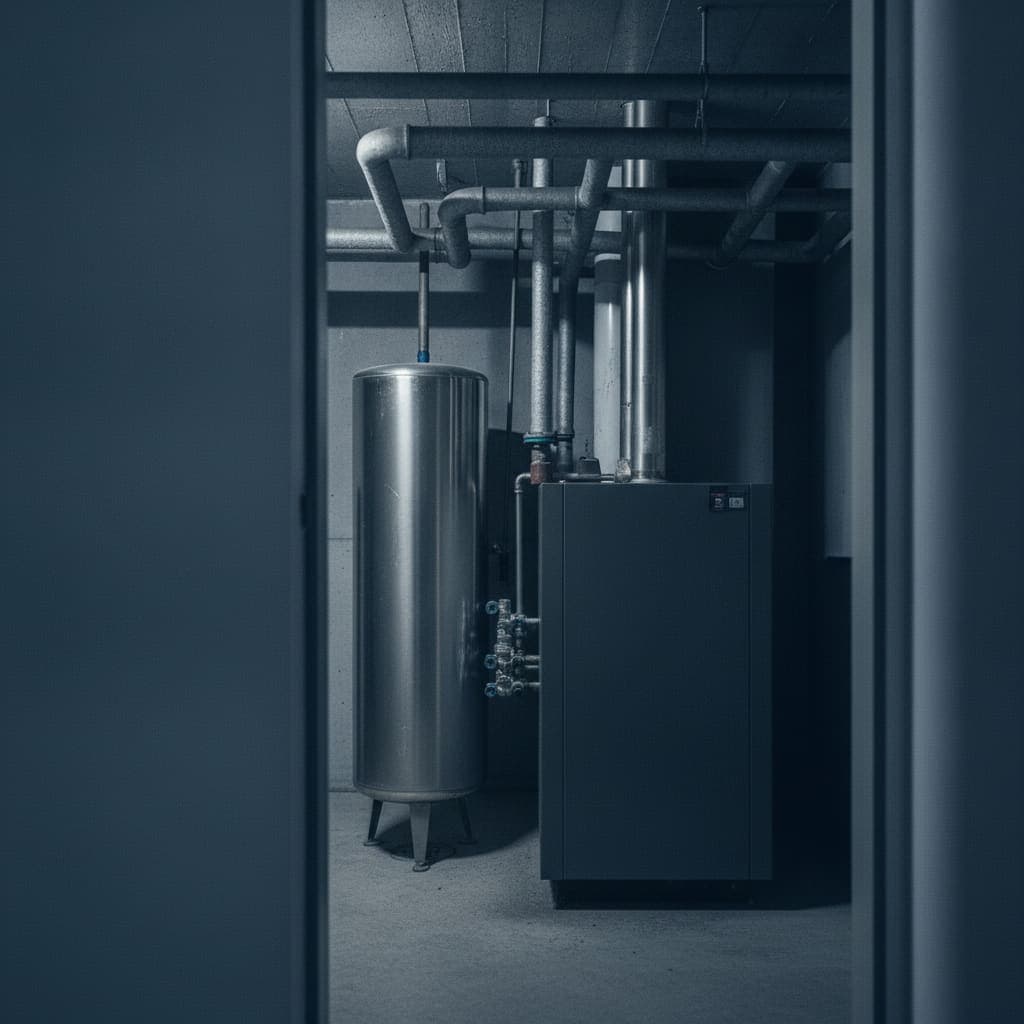 Neuer Technikraum mit Innengerät und Pufferspeicher nach dem Umbau