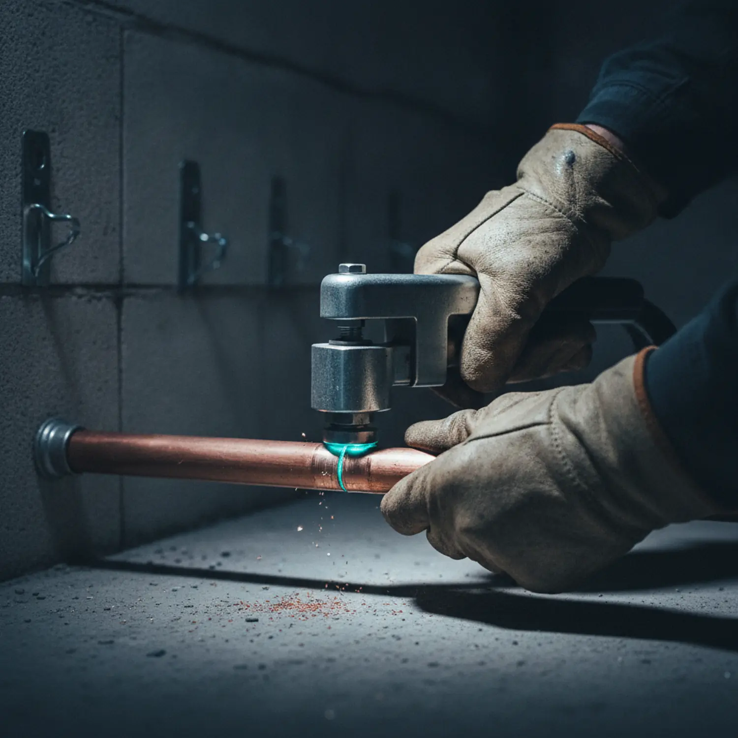 Montagearbeit an Kupferleitungen im Technikraum